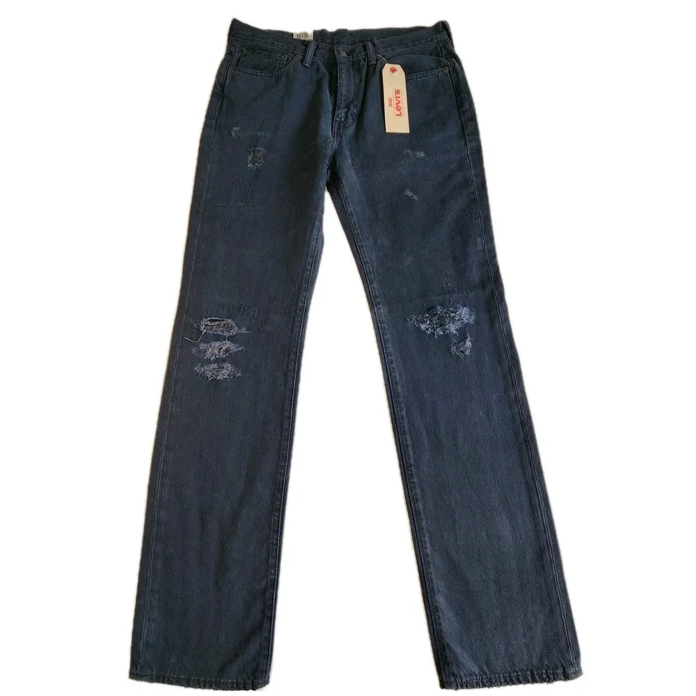 LEVI'S 514 Premium Straight Jeans Mens 33 x 34 Black‎ Dark Distressed Denim NEW